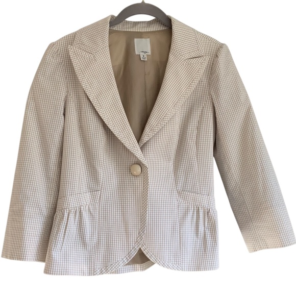 Nordstrom Halogen Tan White Cotton Gingham Cropped Jacket Blazer SZ M - Picture 1 of 13